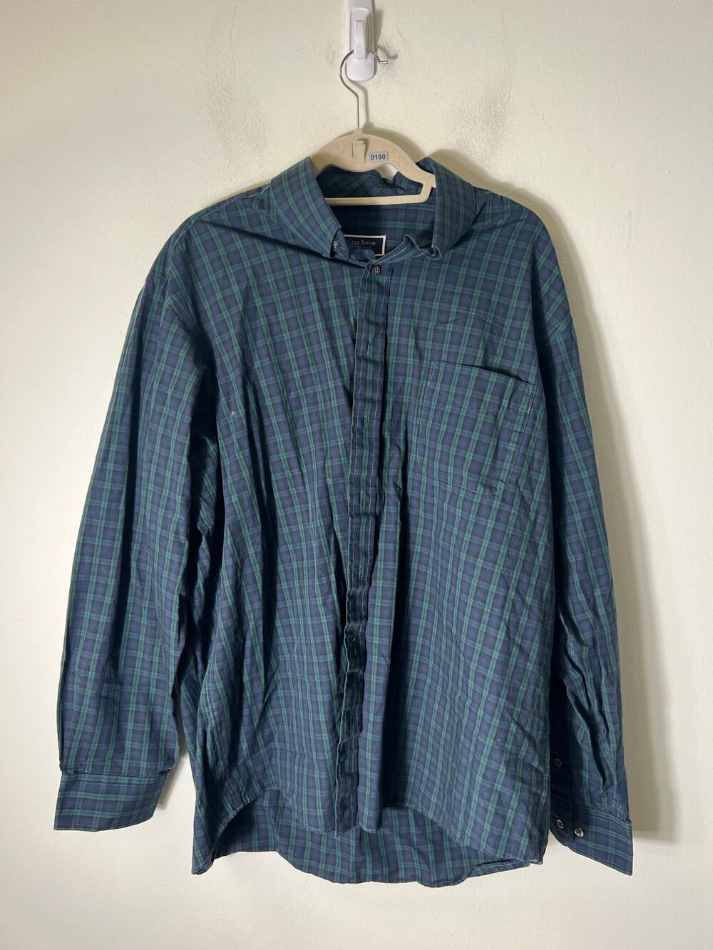 Club Room Mens Regular Fit Button Up Navy and Green Plaid Shirt Sz 17.5, 36/37